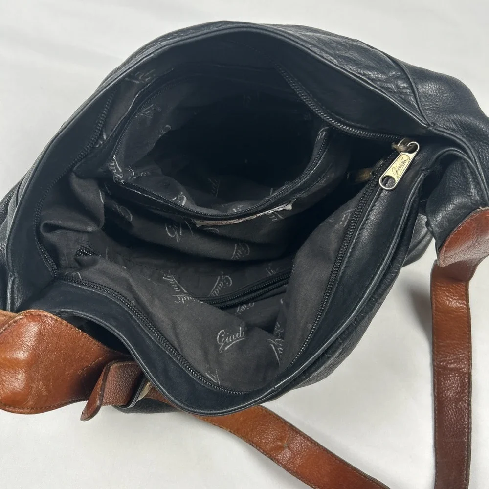 Vintage Giudi Black Brown Purse Pebbled Leather Hobo-Style Handbag Italy 456277
